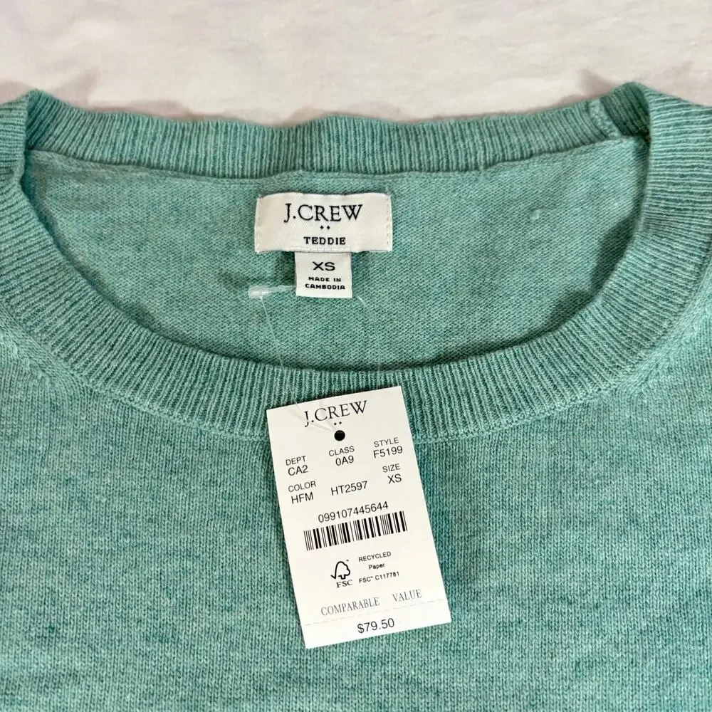 NWT J Crew Teddie light green crew neck wool blend sweater. Sz XS preppy classic